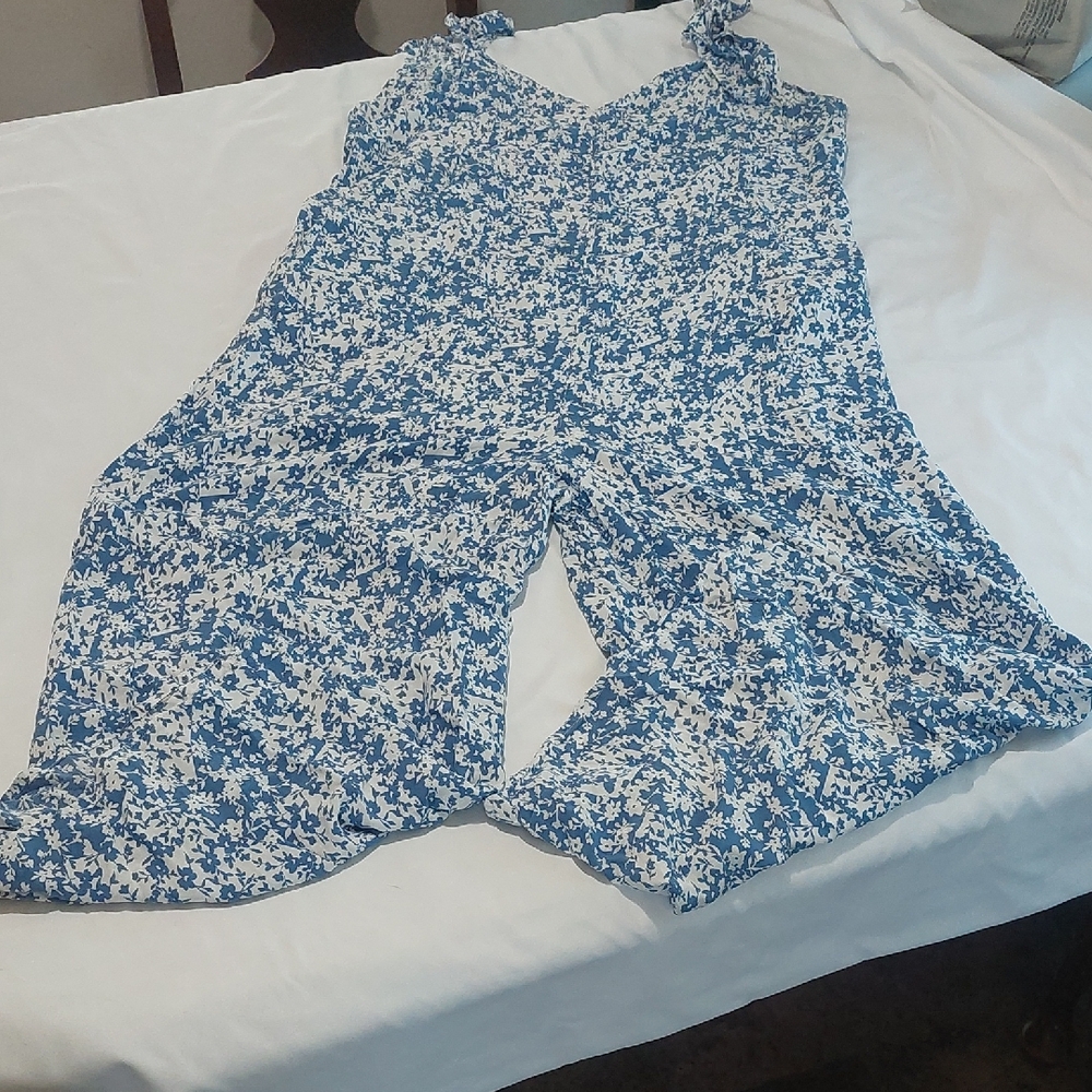 Blue and White Floral Jumpsuit with Wide Legs